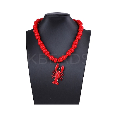Plastic Lobster Pendant Beaded Necklaces with Alloy End Chains NJEW-D336-01G-1