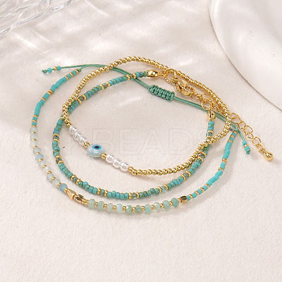 3Pcs 3 Styles Brass & Glass & Natural Green Aventurine Beaded Braclet Set WN5918-1-1