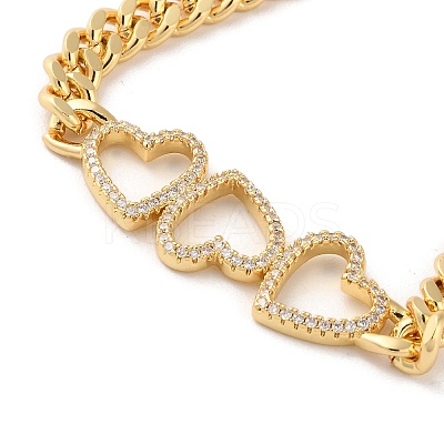 Brass Micro Pave Clear Cubic Zirconia Triple Hollow Heart Cuban Link Chains Bracelets for Women BJEW-M322-05G-A-1