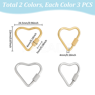 6Pcs 2 Colors 304 Stainless Steel Screw Carabiner Lock Charms STAS-UN0064-06-1