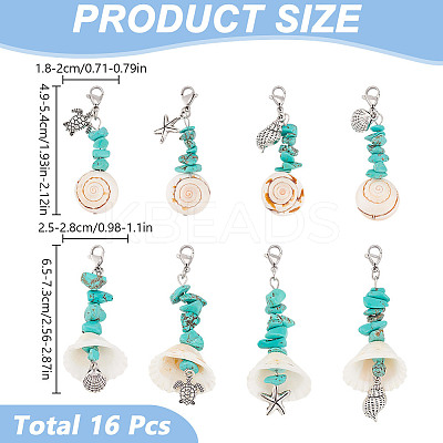 16Pcs 8 Styles Natural Shell & Synthetic Turquoise Chip Pendant Decorations HJEW-GO00036-1