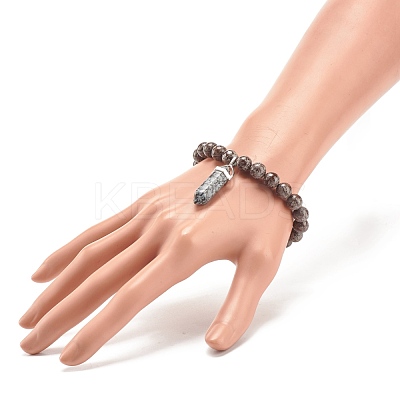 Natural Snowflake Obsidian Round Beaded Stretch Bracelet with Bullet Shape Charm BJEW-JB08310-04-1