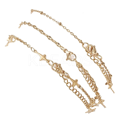 3Pcs 3 Styles 304 Stainless Steel Satellite Chain Dapped Chain Link Chain Anklets Set AJEW-AN00737-1