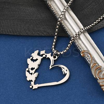 201 Stainless Steel Laser Cut Heart Butterfly Pendant Box Chain Necklaces for Women NJEW-Q004-06P-1