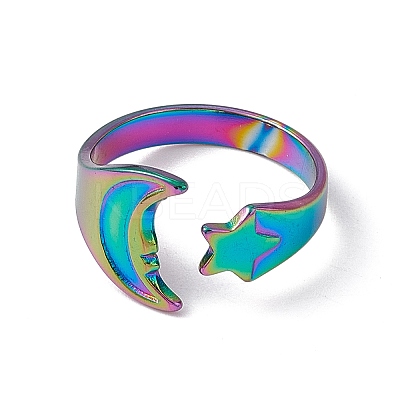 Ion Plating(IP) 304 Stainless Steel Moon & Star Open Cuff Ring for Women RJEW-C045-19M-1