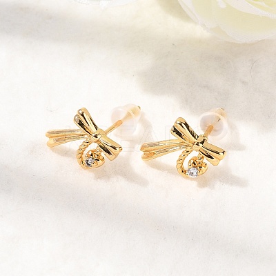 Brass Micro Pave Clear Cubic Zirconia Bowknot Stud Earrings EJEW-C158-14A-G-1