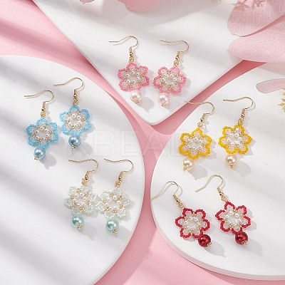 Glass Seed & Shell Pearl & Acrylic Braided Flower Dangle Earrings EJEW-MZ00071-1