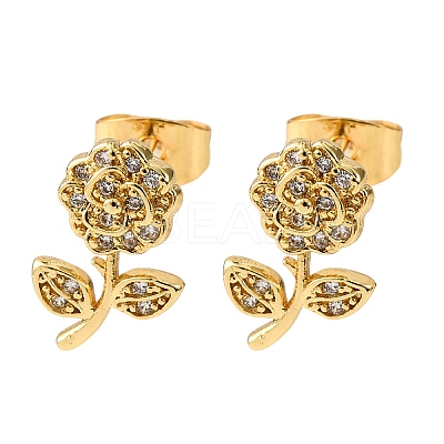 Brass Micro Pave Clear Cubic Zirconia Flower Stud Earrings EJEW-K267-35G-1