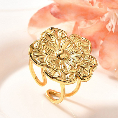 Flower 201 Stainless Steel Open Cuff Ring for Women LS-RJEW-A053-02H-G-1