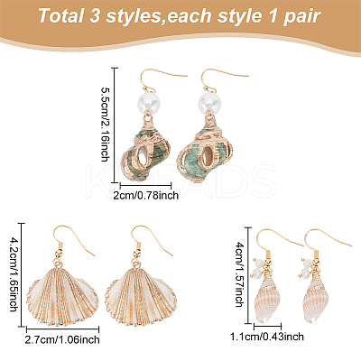 3 pairs 3 style Natural Shell Dangle Earrings with Plastic Pearl Beaded EJEW-AN0003-49-1