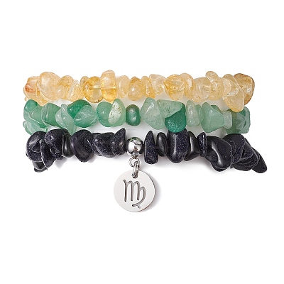3Pcs 3 Styles Natural Citrine & Green Aventurine & Synthetic Blue Goldstone Chips Stretch Bracelets Sets BJEW-JB11076-08-1