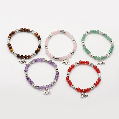 Natural Mixed Stone Beaded Elephant Charm Stretch Bracelets BJEW-JB01974-1