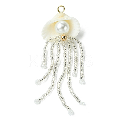 Natural Clam Shell & Glass Pearl & Glass Seed Beaded Big Pendants PALLOY-MZ00298-01-1
