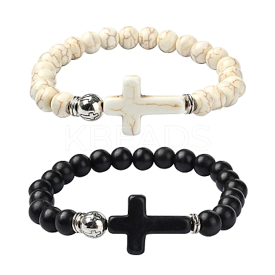 2Pcs 2 Color Dyed Synthetic Turquoise Cross & Alloy Beaded Stretch Bracelets Set BJEW-YW00002-02-1
