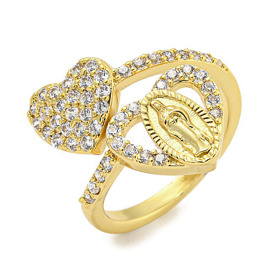 Heart & Virgin Mary Rack Plating Brass Micro Pave Cubic Zirconia Cuff Rings for Women RJEW-F162-11G-1
