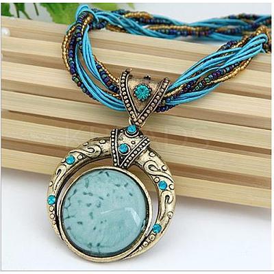 Bohemian Style Flat Round Alloy & Resin Imitation Gems Pendant Necklaces WG23E28-03-1