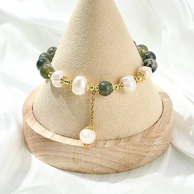 Natural Moss Agate & Natural Pearl Bead Charm Bracelets BJEW-JB14141-01-1