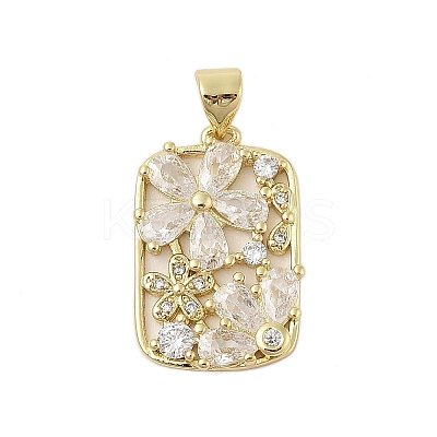 Rectangle with Flower Rack Plating Brass Micro Pave Cubic Zirconia Pendants KK-Z074-22G-1