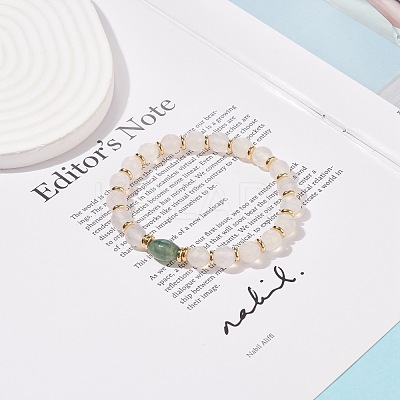Natural Moss Agate Oval & White Agate Beaded Stretch Bracelet BJEW-JB08696-1