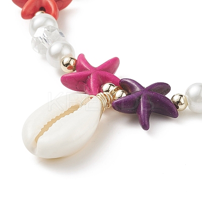 2Pcs 2 Style Starfish & Tortoise Synthetic Turquoise(Dyed) & Glass Pearl Beaded Stretch Bracelets Set BJEW-JB08994-1