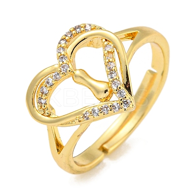 Heart with Letter Rack Plating Brass Micro Pave Clear Cubic Zirconia Adjustable Rings for Women RJEW-I105-01G-I-1
