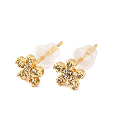 Flower Brass Micro Pave Clear Cubic Zirconia Stud Earrings EJEW-P331-12G-1