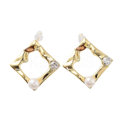 Natural Pearl Rhombus Stud Earrings EJEW-P256-92G-1