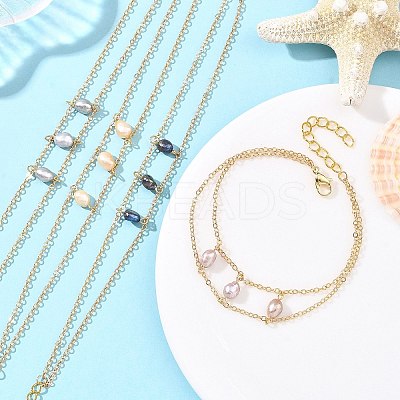 Brass Cable Chains & Rice Natural Cultured Freshwater Pearl Double Layers Bracelets for Women BJEW-JB14135-1