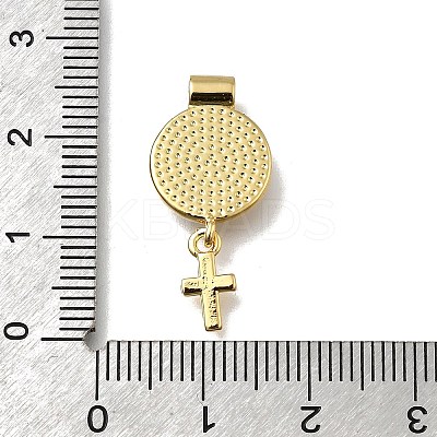 Brass Pave Natural White Shell Flat Round with Cross Pendants KK-C090-40G-07-1
