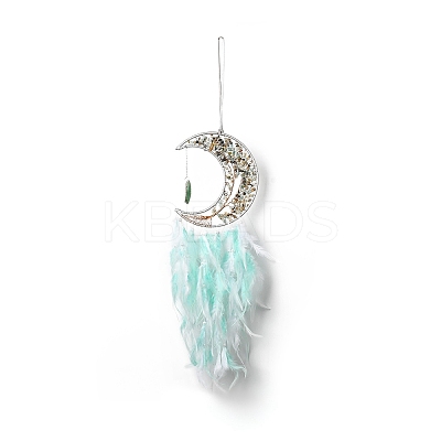 Natural Amazonite Chips Beaded Tree of Life Moon with Feather Pendant Decorations HJEW-M004-10-1