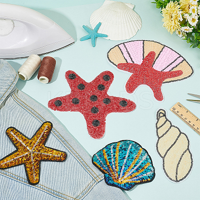 5Pcs 5 Styles Sea Animal Starfish Shell Conch Shape Computerized Embroidery Cloth Iron on/Sew on Patches PATC-FG0001-91-1