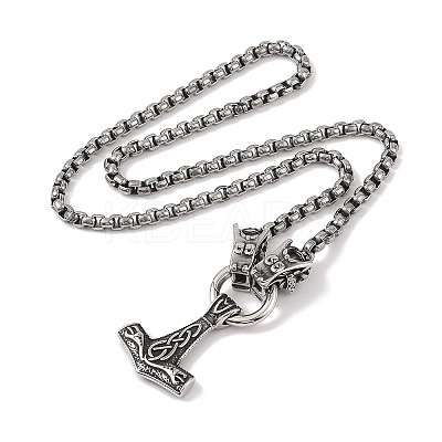 304 Stainless Steel Dragon Head Box Chain Viking Mjolnir Thor Hammer Pendant Necklaces for Men NJEW-K278-03AS-1