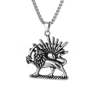 Vintage 304 Stainless Steel Lion with Sun Pendant Box Chain Necklaces for Men WGE39C9-01-1