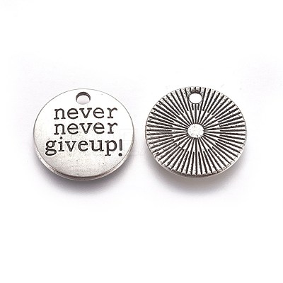 Tibetan Style Alloy Flat Round Carved Word Never Give Up Pendants X-TIBEP-12585-AS-RS-1