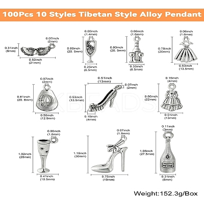 100Pcs 10 Styles Tibetan Style Alloy Pendant FIND-CJ0001-74-1