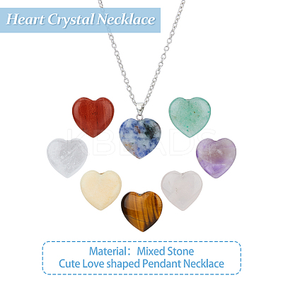 8Pcs 8 Styles Natural Mixed Gemstone Heart Pendant Necklace with Alloy Chains NJEW-FI0001-45-1