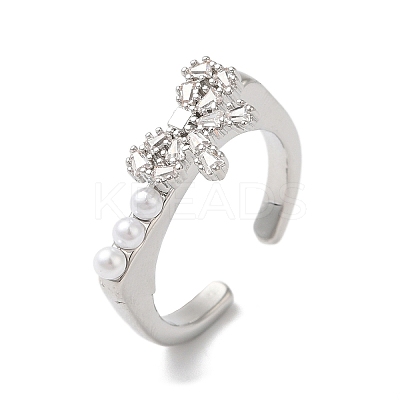 Rack Plating Brass Cubic Zirconia Bowknot Open Cuff Rings for Women RJEW-S407-05P-1