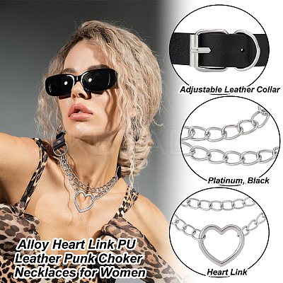 2Pcs Alloy Heart Link PU Leather Punk Choker Necklaces for Women NJEW-UN0001-70A-1
