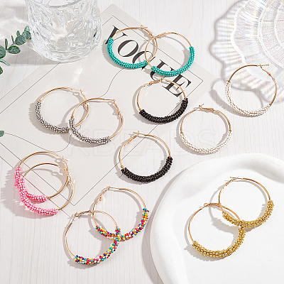 7 Pairs 7 Colors Glass Round Braided Beaded Hoop Earrings EJEW-AN0002-21-1