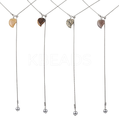 Natural Grey Agate & Topaz Jade & Tiger Eye & Dalmatian Jasper Heart with Synthetic Non-magnetic Hematite Beads Pendant 304 Stainless Steel Snake Chain Lariat Necklaces NJEW-JN05897-1