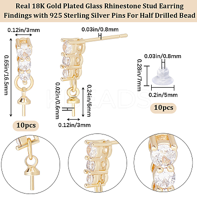 10Pcs Brass Glass Rhinestone Stud Earring Findings KK-BBC0009-24-1