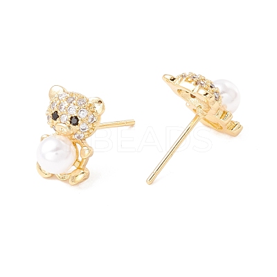 Cubic Zirconia Bear Stud Earrings with Acrylic Pearl EJEW-F282-26G-1