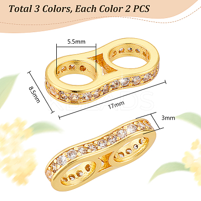 6Pcs 3 Colors Brass Pave Clear Cubic Zirconia Connector Charms KK-PH0006-66-1