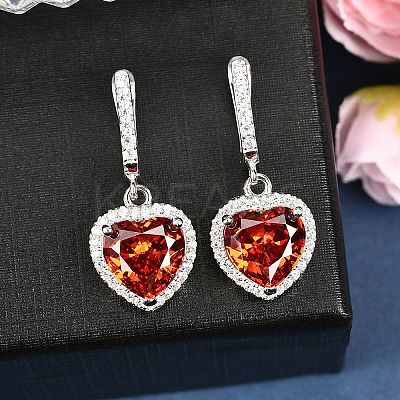 925 Sterling Silver Pave Cubic Zirconia Heart Hoop Earrings EJEW-C150-01B-01-1