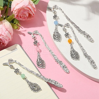 Natural & Dyed Malaysia Jade Round Beaded Alloy Bookmarks AJEW-JK00292-1