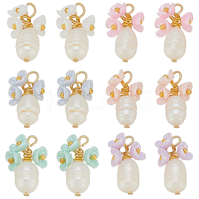 12Pcs 6 Colors Resin & Natural Pearl Pendant PALLOY-PH01821-1