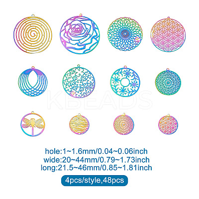 48Pcs 12 Style 201 Stainless Steel Filigree Pendants STAS-FW0001-15-1