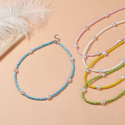 Plastic Pearl & Glass Seed Beaded Necklace for Women NJEW-JN04244-1