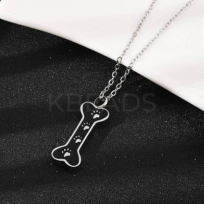 304 Stainless Steel Black Enamel Paw Print Bone Pendant Pet Urn Ashes Necklaces LS-NJEW-S455-06P-1