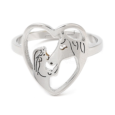Non-Tarnish 304 Stainless Steel Heart with Horse Adjustable Ring for Women RJEW-M149-20P-1